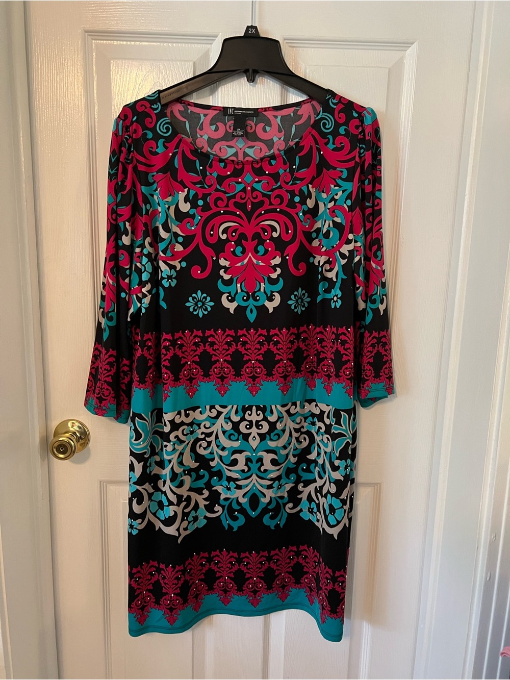 INC International Concepts Black Midi Dress with Pink & Teal Print